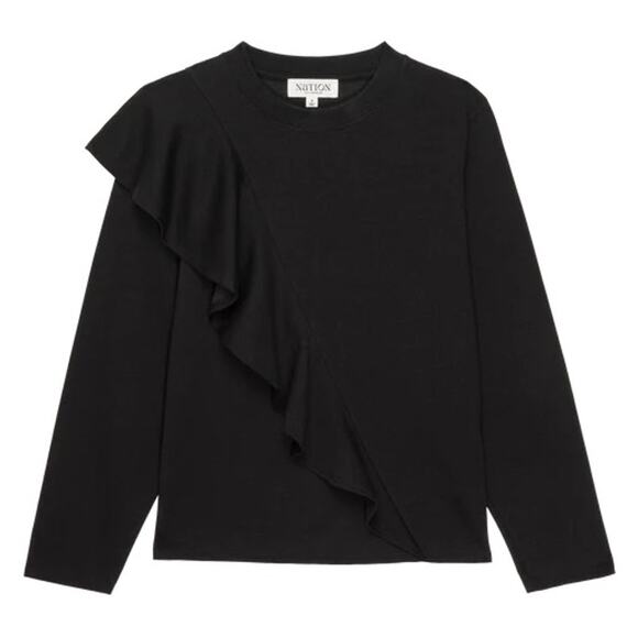 EUC Nation Los Angeles Farrah Top Black Sz XS Asymmetric Ruffle Sleeve Chic Tee - Picture 3 of 16